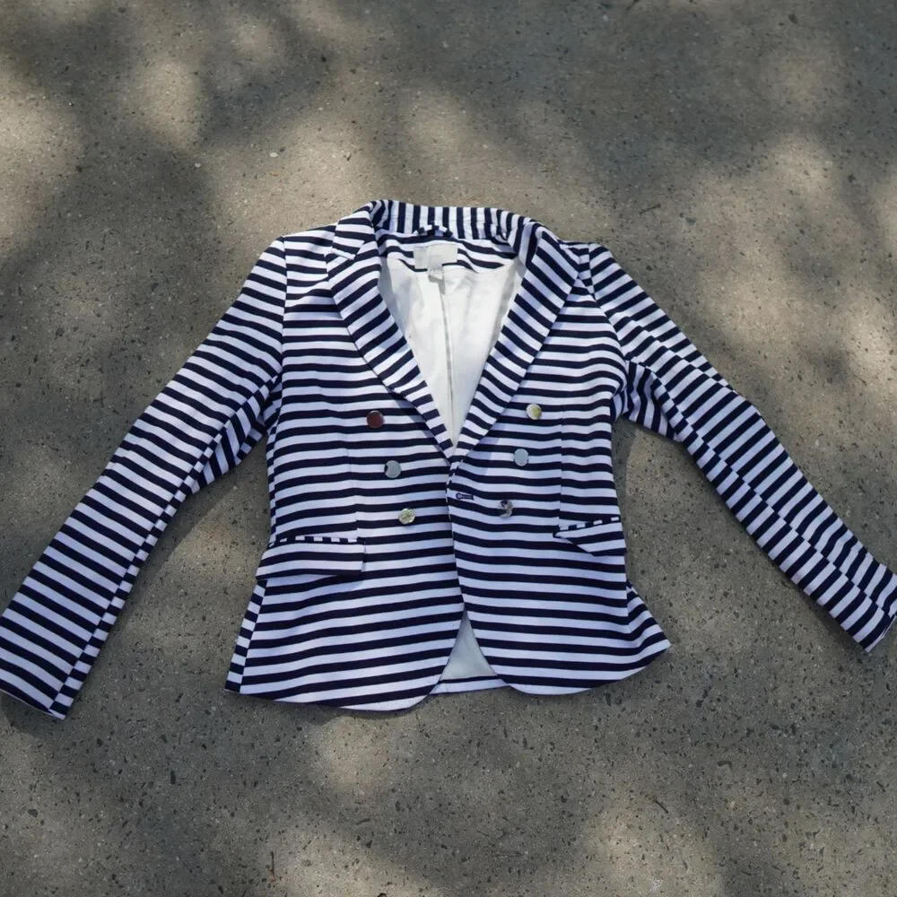 H&M Navy White Striped Blazer Gold Button Tailored Jacket Size 12 Preppy Work - Picture 3 of 15